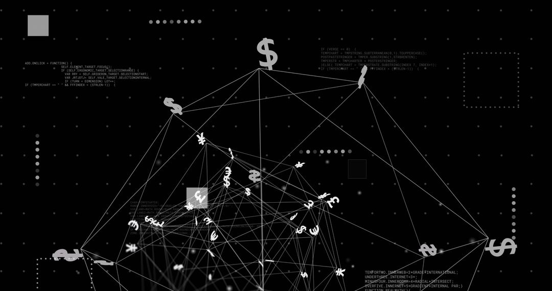 Global Currency Network with Data Connections on Black Background