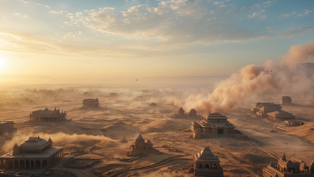 Ancient Stone Temples in Desolate Desert at Sunset