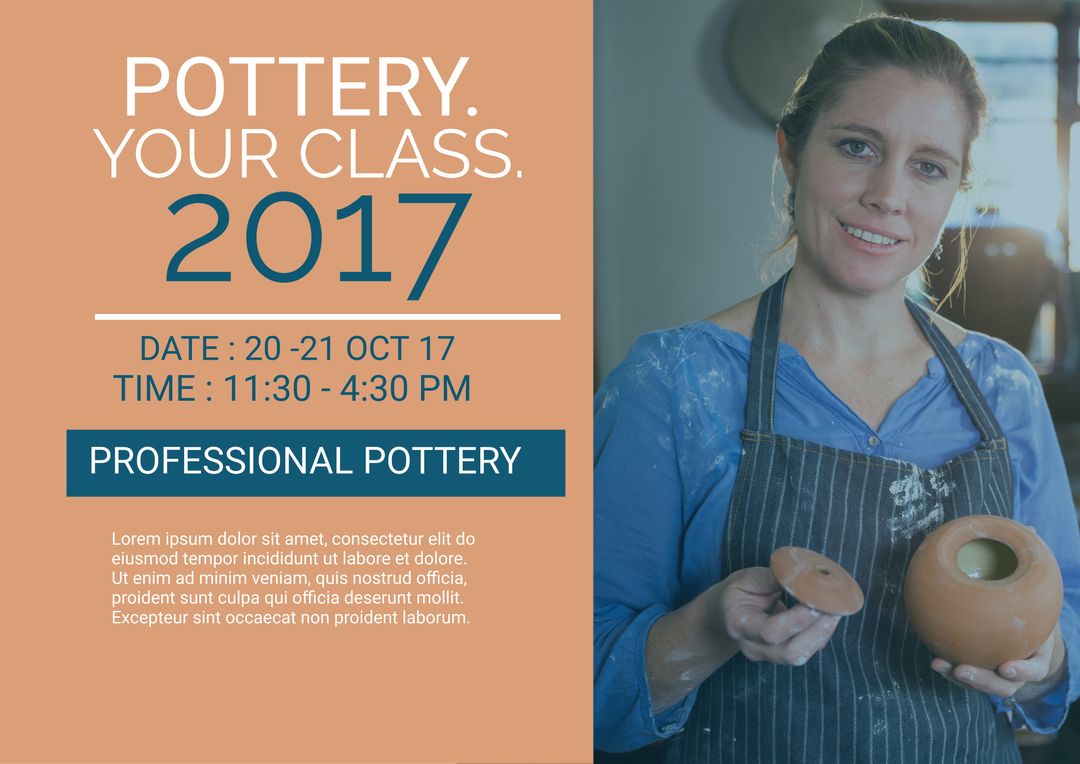 Smiling Woman Promoting Creative Pottery Class with Clay Pot - Download Free Stock Templates Pikwizard.com