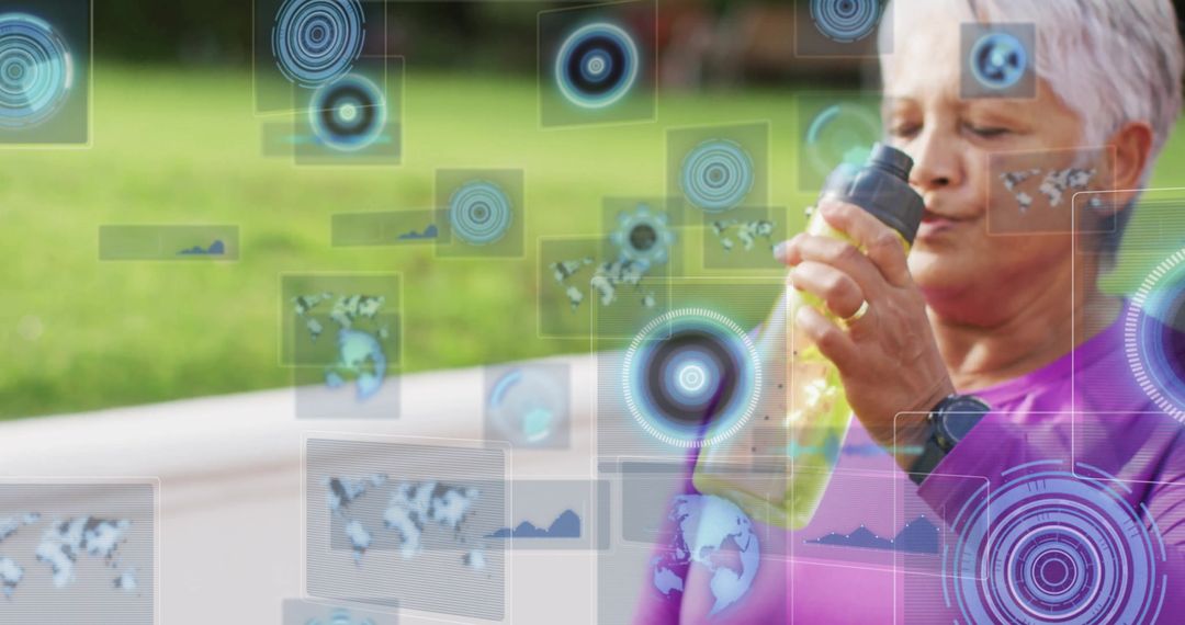Senior Woman Drinking on Bench with Futuristic Data Displays