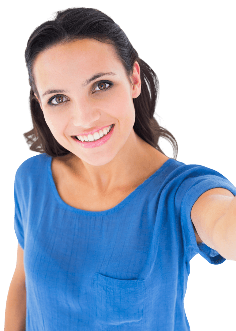 Smiling Brunette Taking Transparent Studio Selfie Image