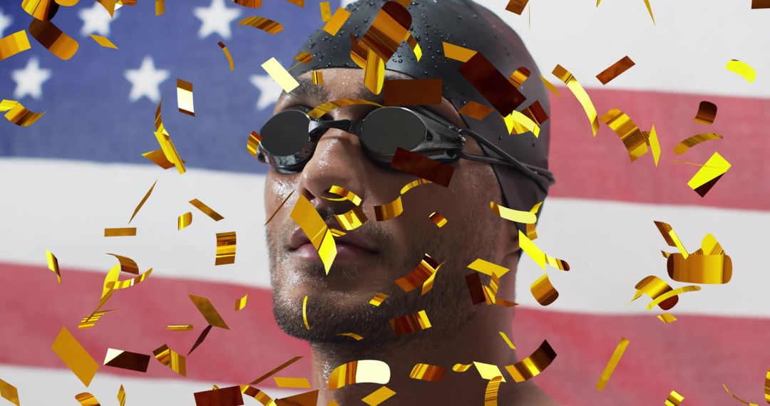 Triumphant Swimmer with USA Flag and Falling Confetti