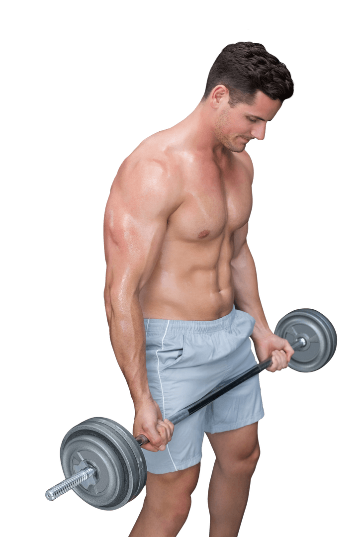 Caucasian Man Exercising with Weights on Transparent Background Isolated