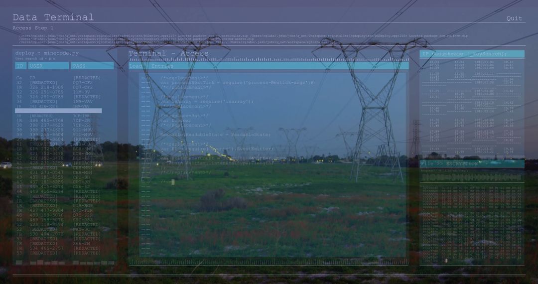 Futuristic High-Voltage Power Tower with Digital Code Overlay