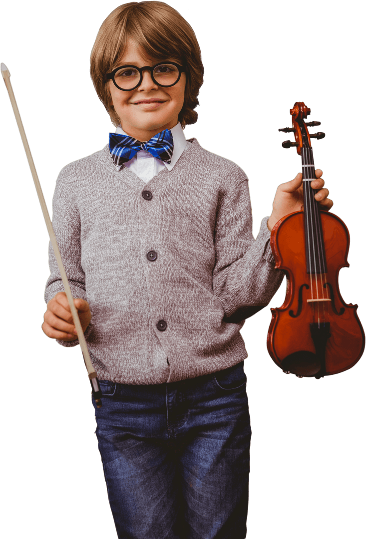 Happy Child Holding Violin on Transparent Background