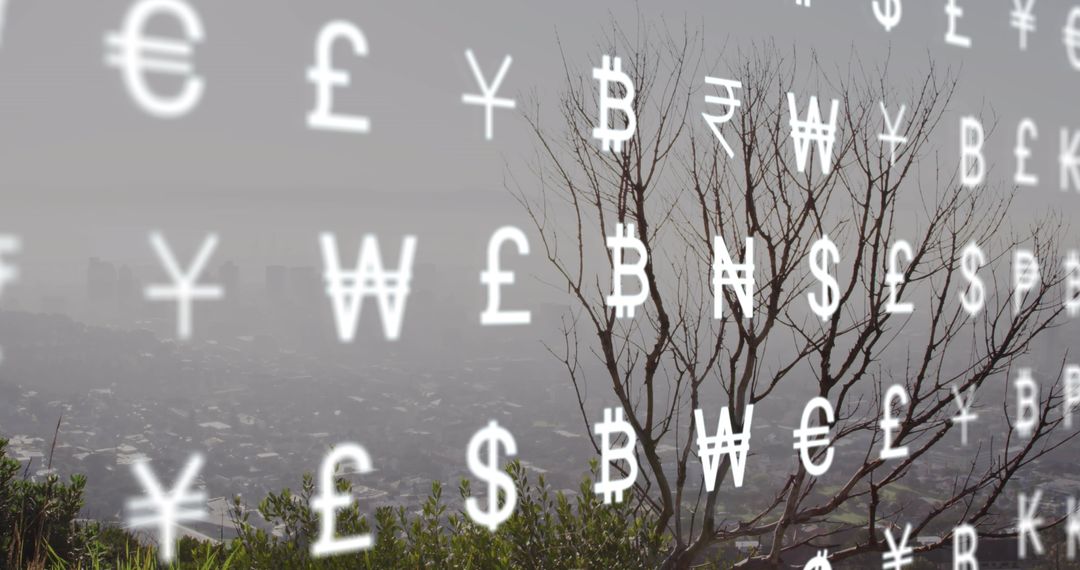 Global Currency Symbols Overlaying Urban Cityscape