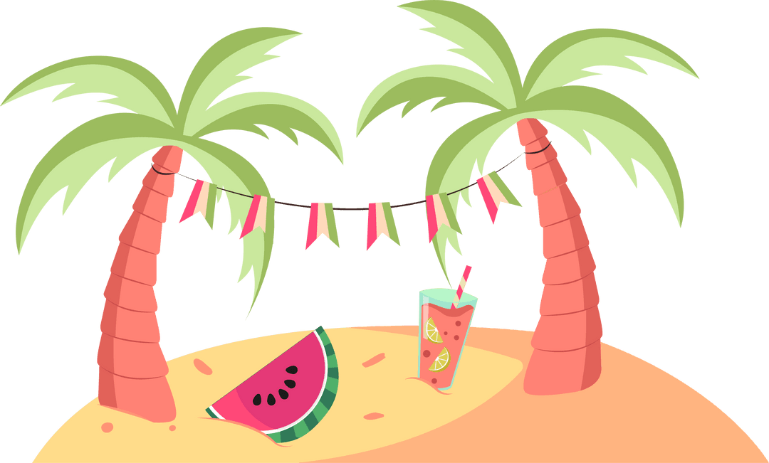Tropical Island Leisure with Palm Tree and Refreshments on Transparent Background