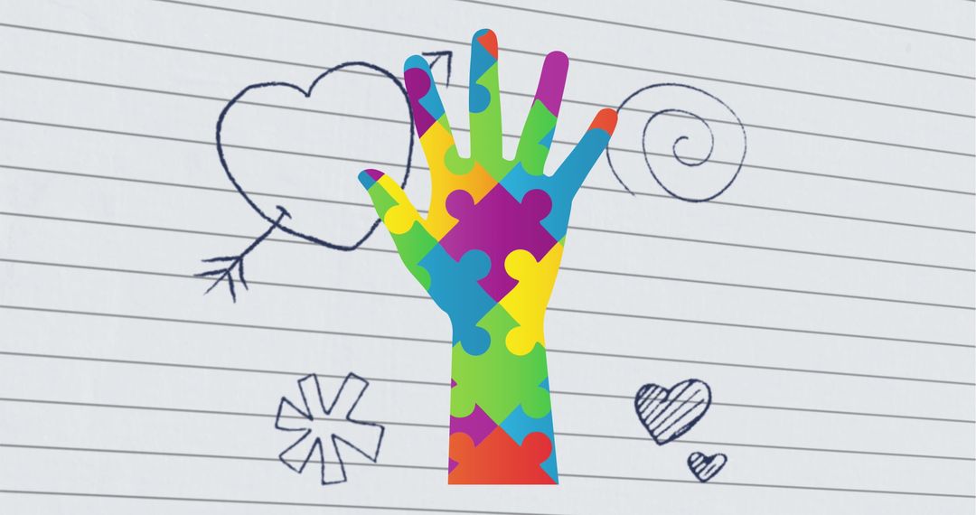Colorful Puzzle Hand Symbolizing Autism Awareness on Ruled Paper