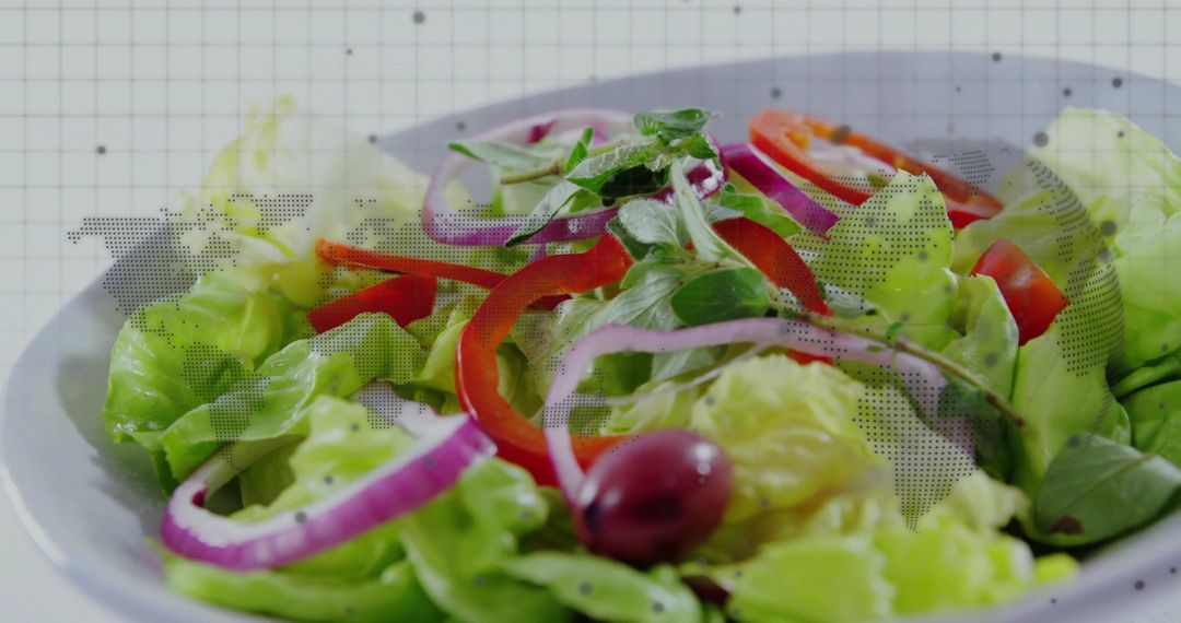 Fresh garden salad featuring halftone world map overlay and grid texture for editorial