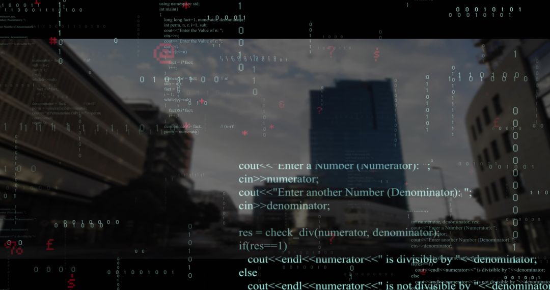 Streaming Code Overlay Across Urban Skyline with Binary Matrix and Futuristic Glass Tower