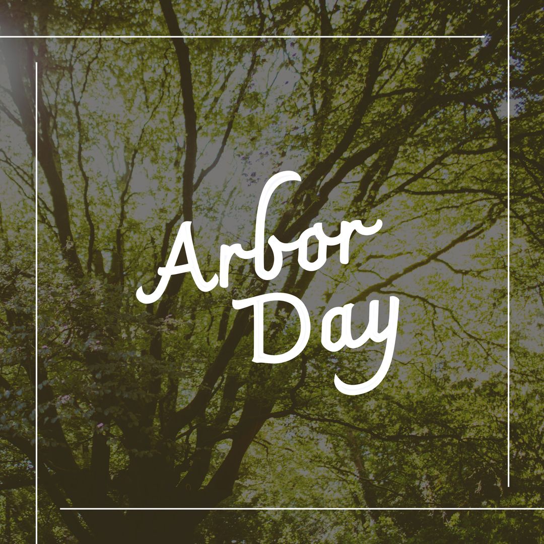 Arbor Day Text Overlay on Lush Green Forest Background