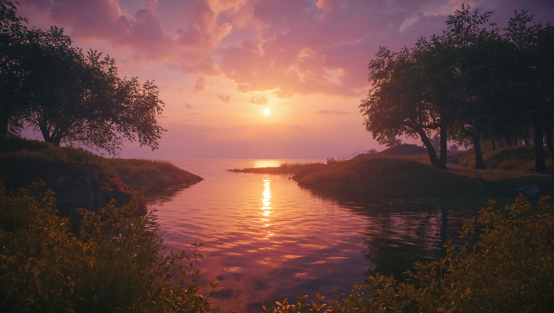 Sunset Over Serene Inlet with Reflection on Calm Waters
