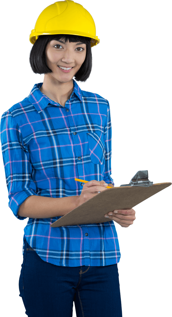 Transparent Smiling Female Architect Writing on Clipboard