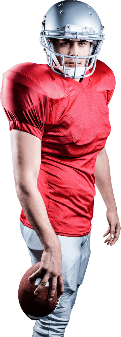 Transparent Confident American Football Player Holding Ball in Red Jersey