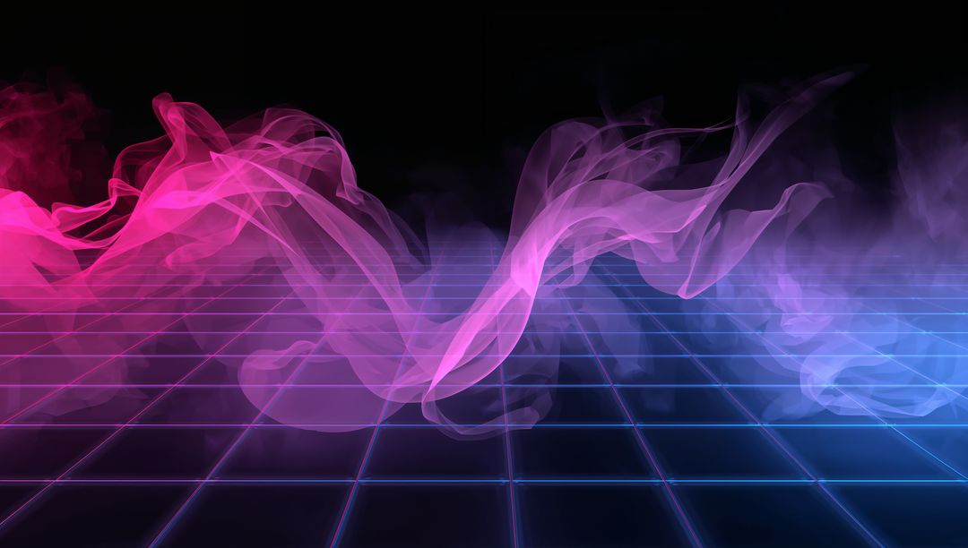 Neon Vapor Ribbons Drifting Over Retro Futuristic Grid with Glowing Magenta and Cyan Light