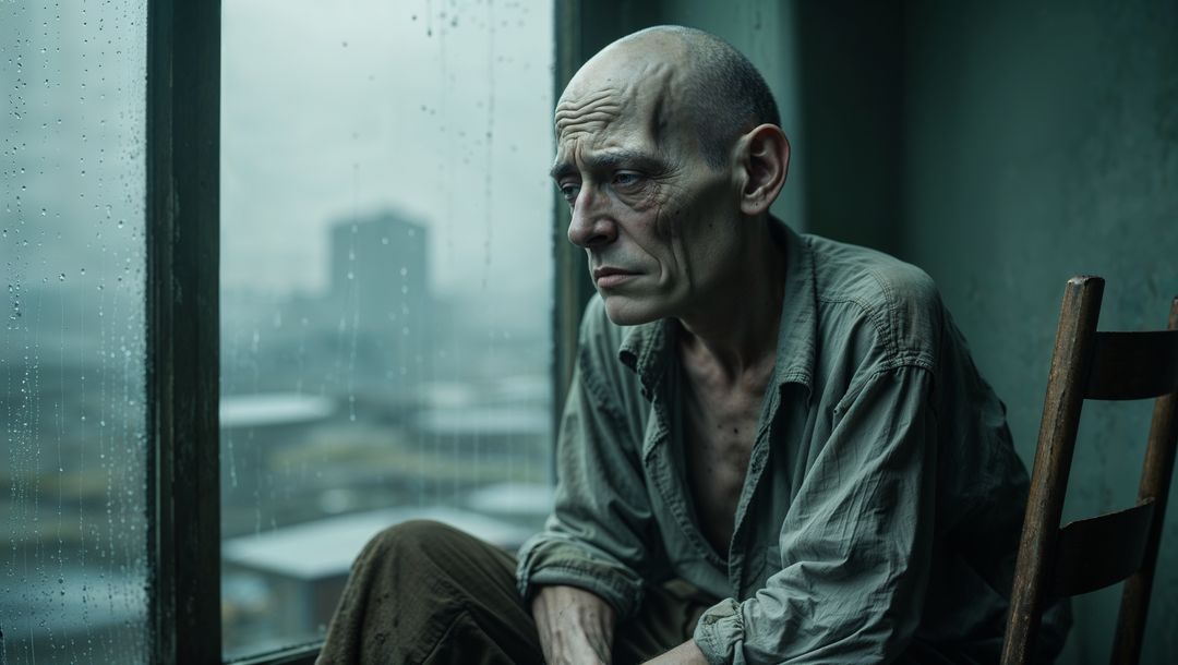 Elderly Man Reflecting by Rain-soaked Window in Worn Room