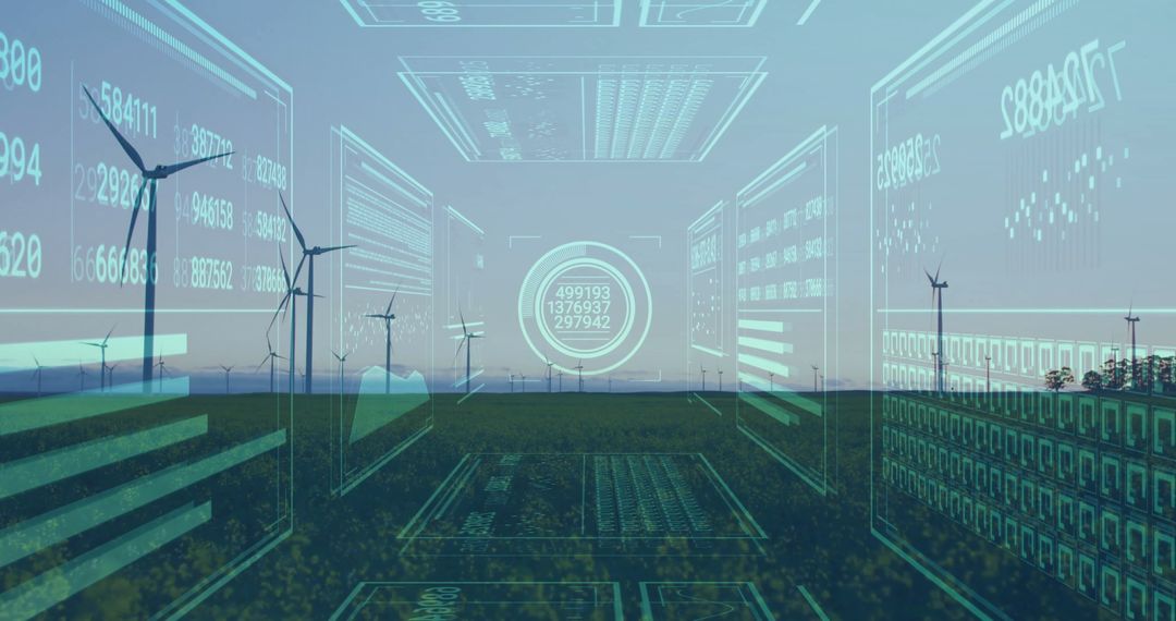 Holographic Data Panels Amid Wind Turbines on Dusk Landscape