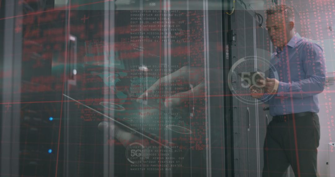 Businessman in Server Room with Digital Data Overlay and 5G Symbol