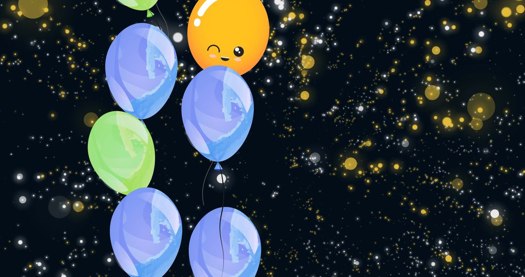 Colorful Balloons with Starry Lights Over Black Background