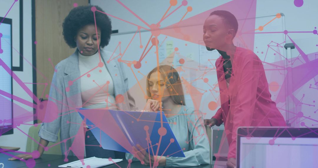 Team collaborating and reviewing project folder with digital network overlay