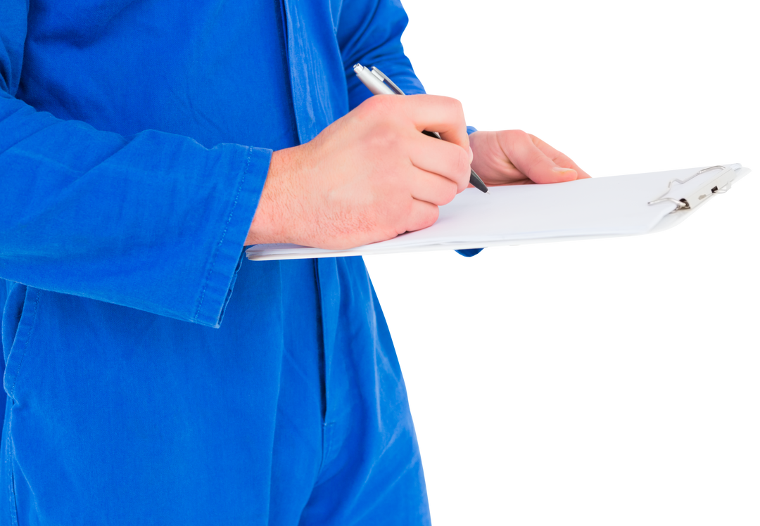 Transparent male mechanic writing on clipboard in blue uniform - Download Free Stock Images Pikwizard.com