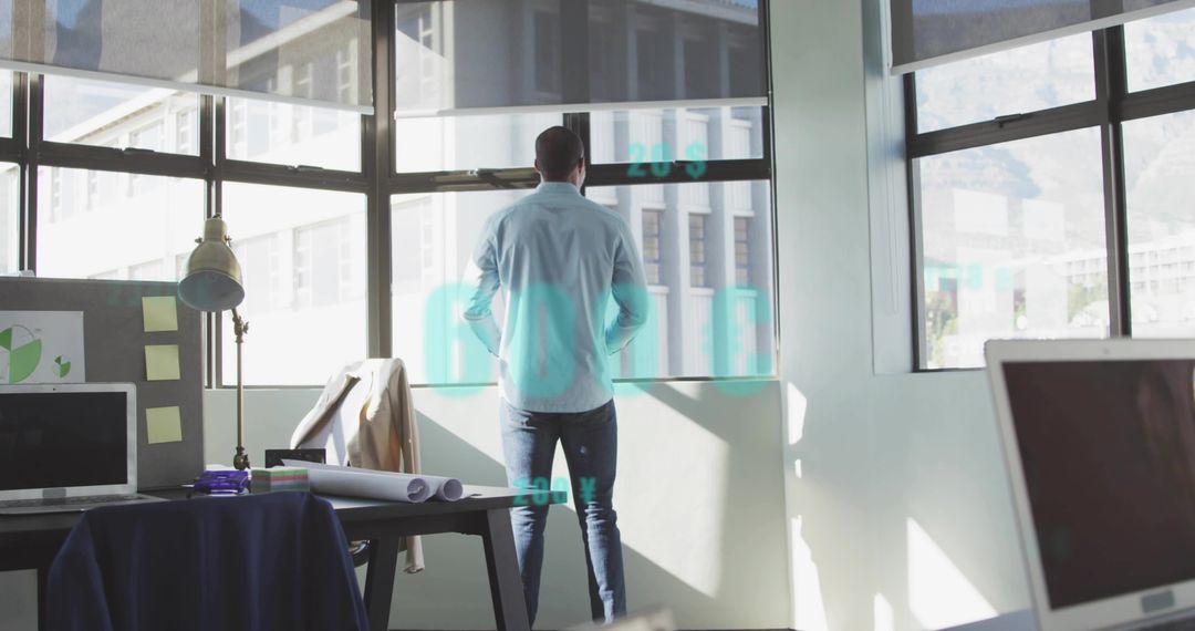 Office Worker Gazing at Projection with Data Charts