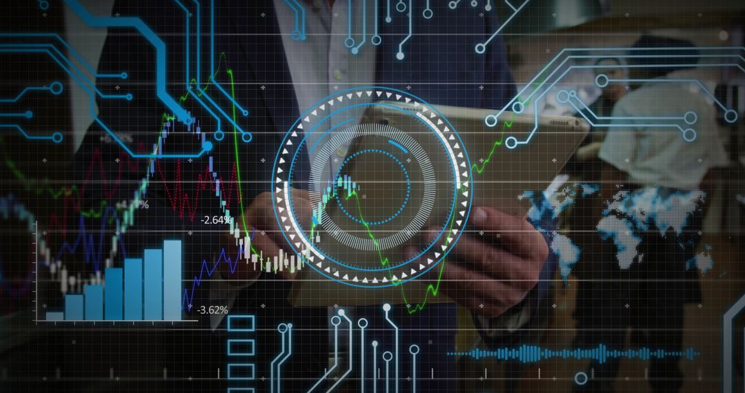 Businessman Holding Tablet with Global Digital Data Overlays