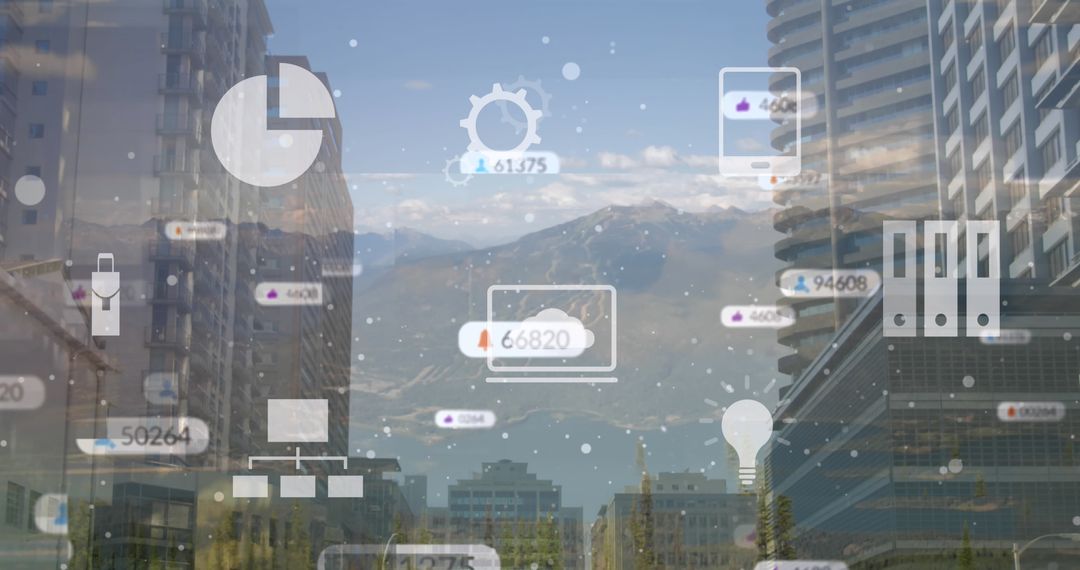 Digital Network Icons Overlay on Modern Cityscape Business Concept