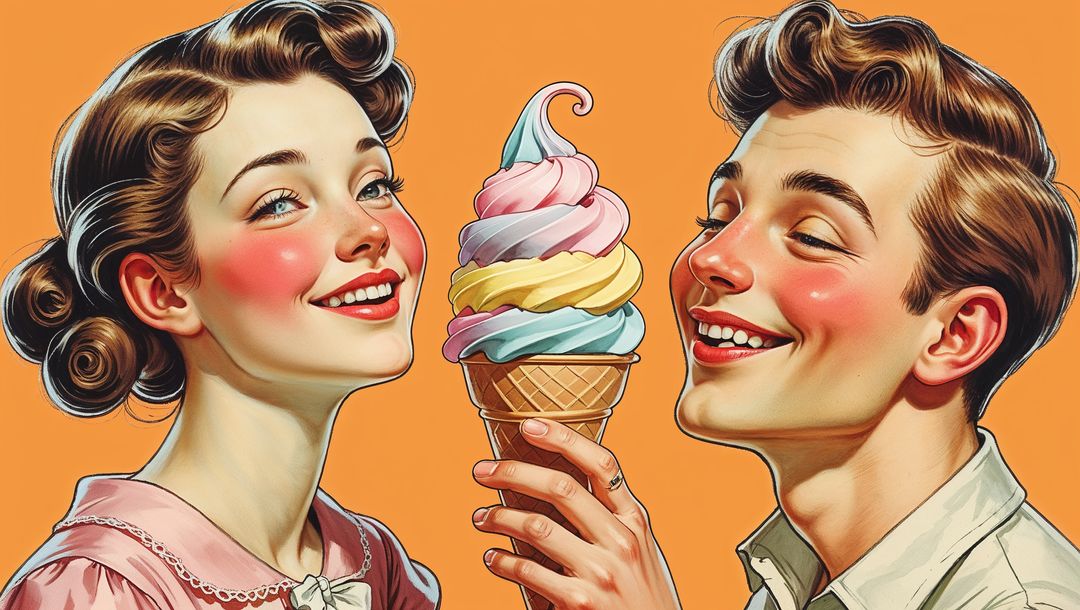 Smiling cute couple sharing colorful ice cream in vintage style art