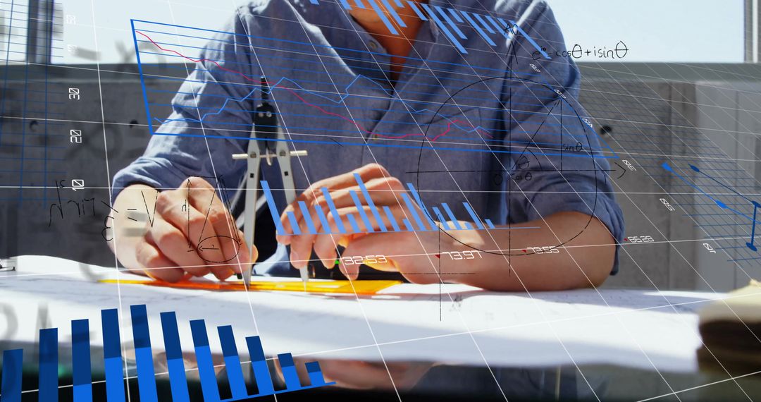 Architect Analyzing Engineering Data with Mathematical Overlays