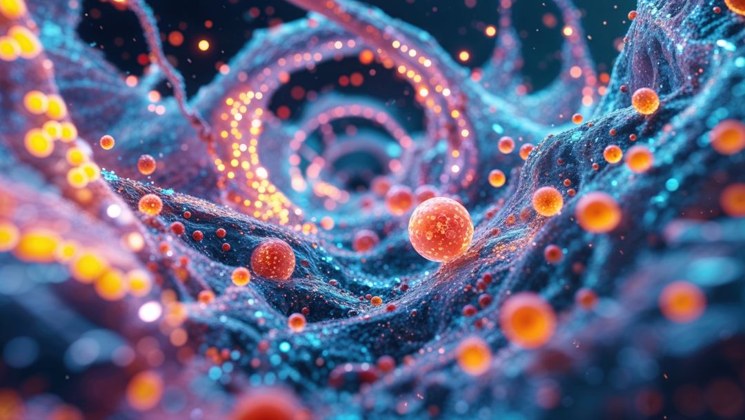 Abstract Data Tunnel with Vibrant Orange Orbs and Spiral Glow