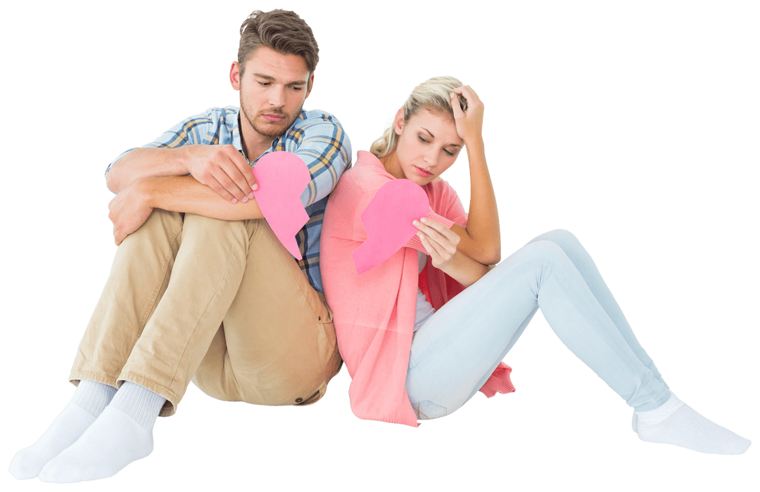 Transparent Couple Sitting with Broken Heart Pieces