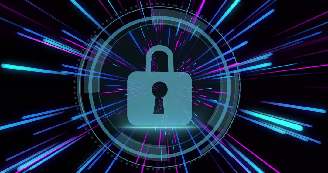 Digital Padlock Represents Cybersecurity Against Neon Technology