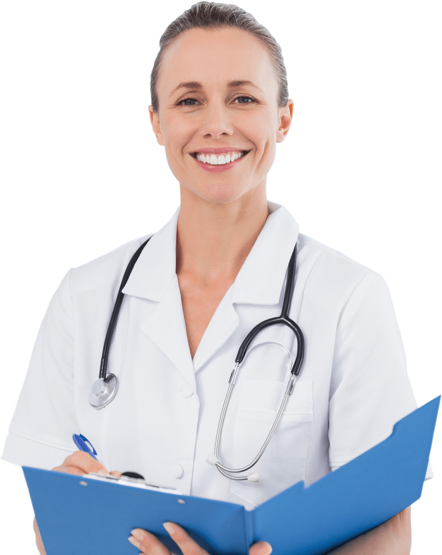 Caucasian Female Doctor Discussing Medical Records Transparent Background