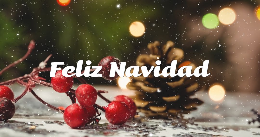Feliz Navidad Text with Snow and Christmas Decorations