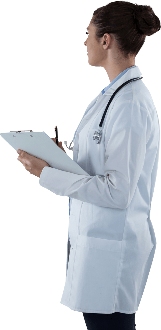 Transparent Female Doctor Holding Clipboard in Profile View
