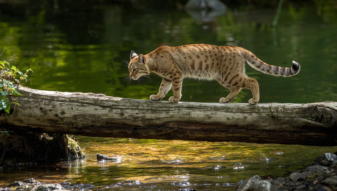 Wildcat walking across mossy log crossing sunlit creek with golden reflections and camouflage