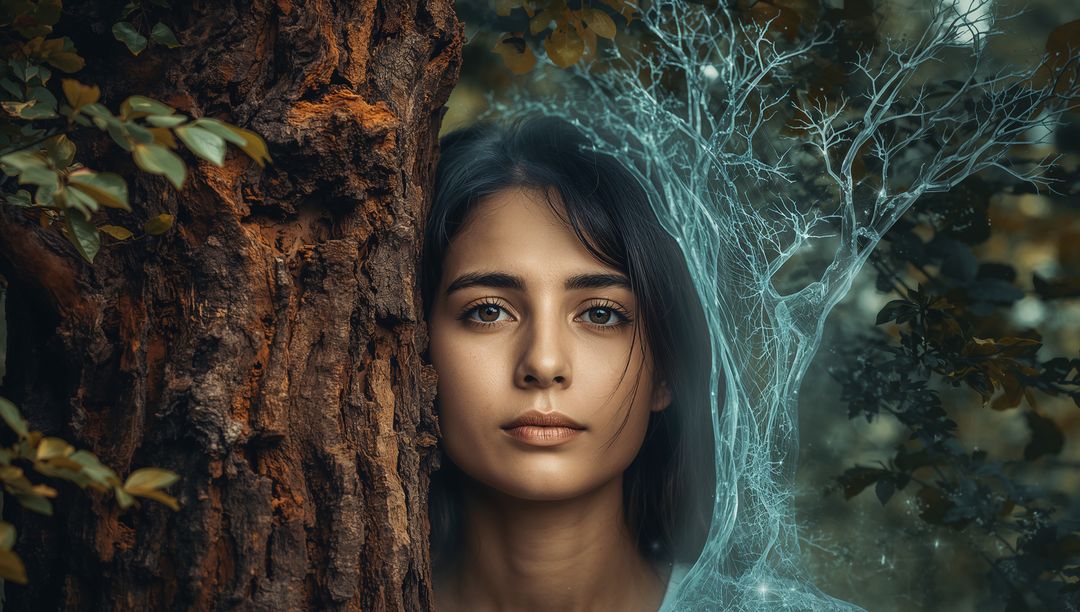 Ethereal woman blending with tree and glowing cyan branches in mystical moody forest portrait