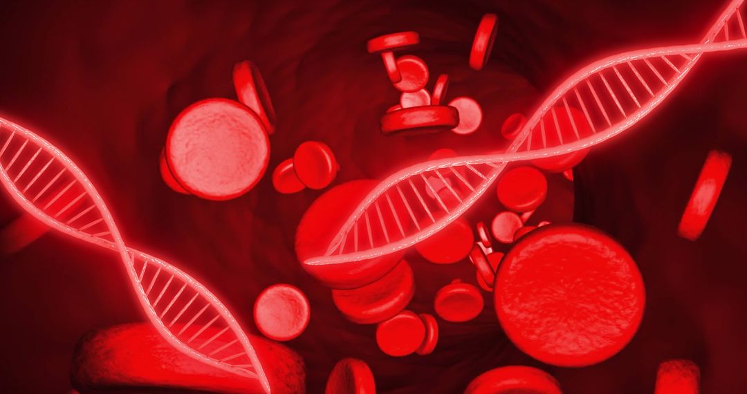 Digital DNA Strands and Blood Cells on Red Background