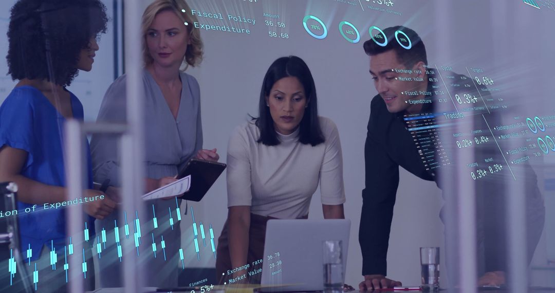 Diverse Team Analyzing Digital Financial Data in Office