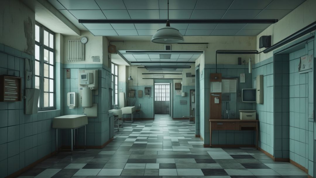 Institutional Washroom Corridor with Wall-Mounted Sinks and Checkered Tiles