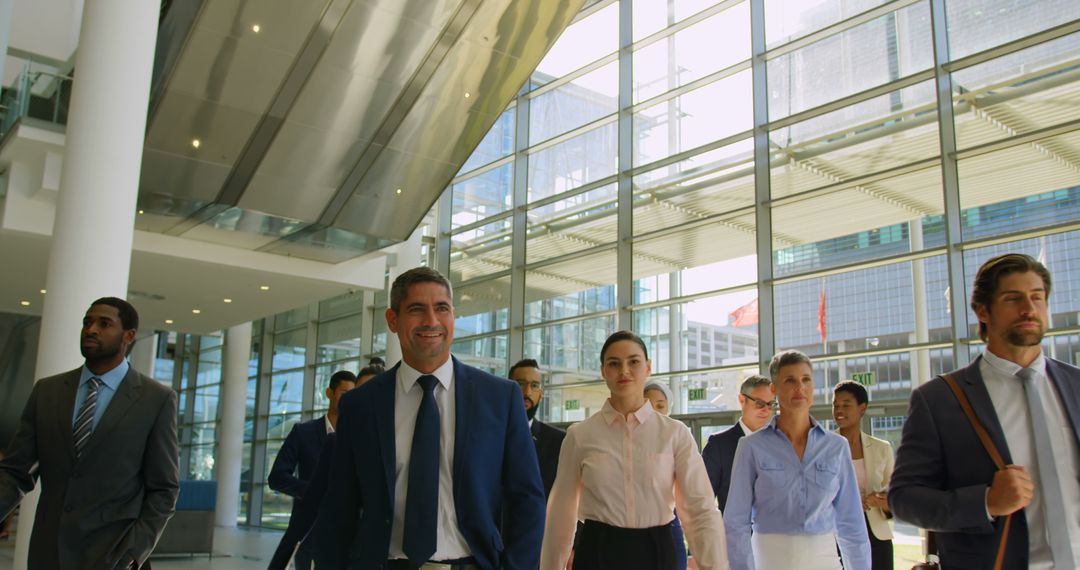 Diverse Business Team Walking Confidently in Modern Office