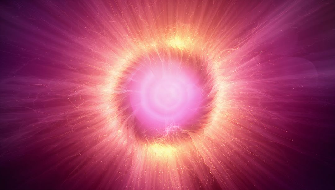 Radiating Neon Orb Emitting Golden Filaments and Particle Halo, Glowing Cosmic Vortex