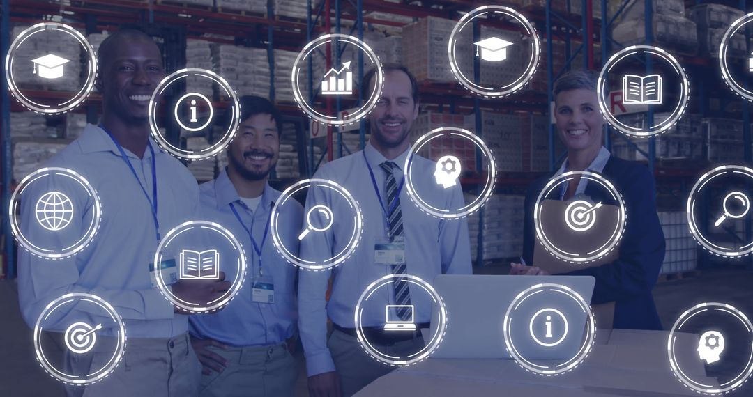 Diverse Team Collaborating in Modern Warehouse Setting with Digital Icons