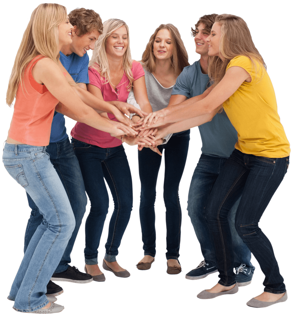 Diverse Group of Friends Forming Transparent Hand Huddle