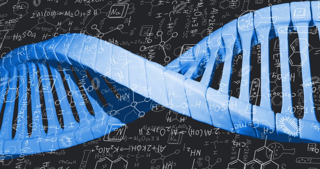 Futuristic DNA Strand with Scientific Formulas
