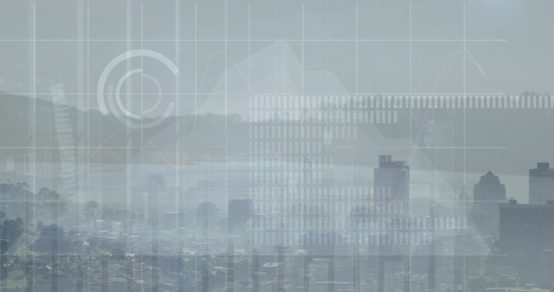 Futuristic Digital Interface with Foggy Cityscape Background