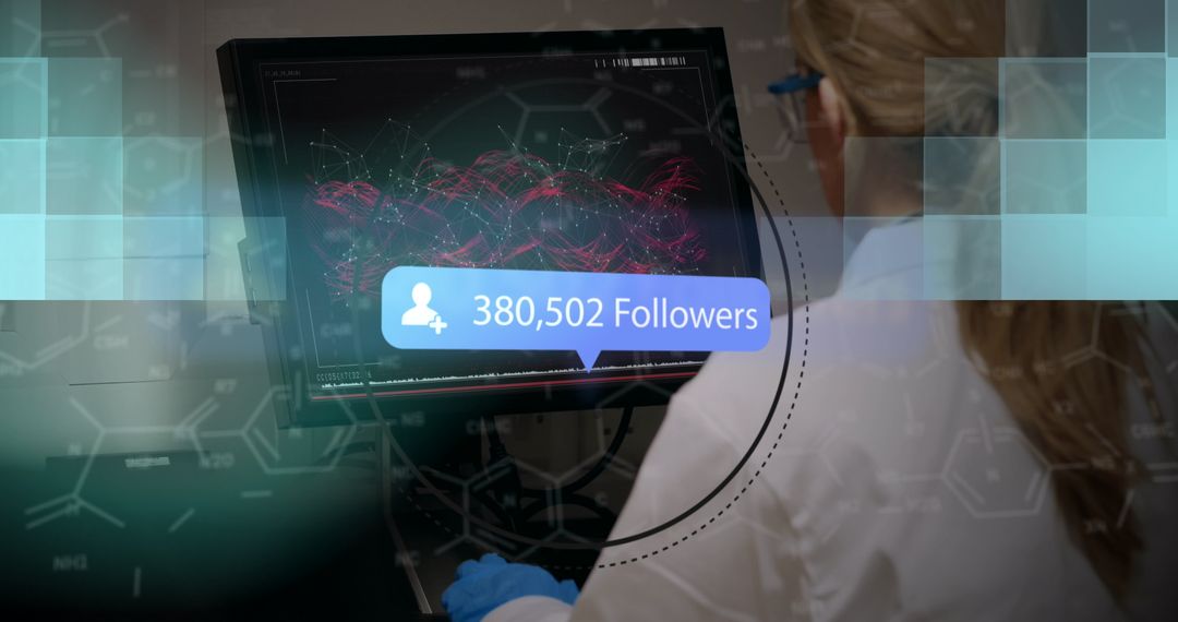 Caucasian Female Doctor Analyzing Digital Network with Follower Count