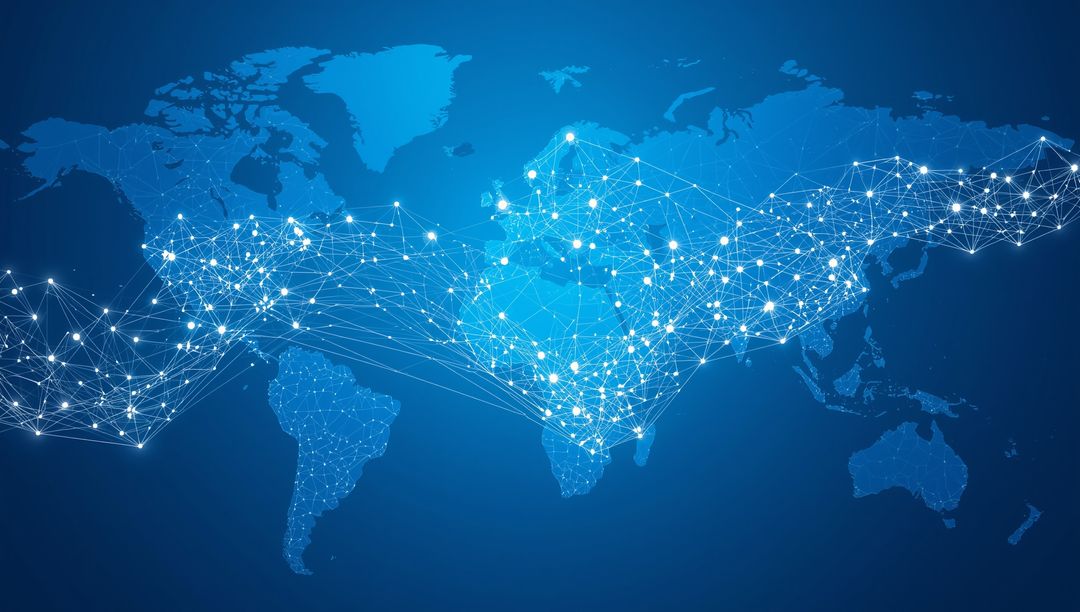 Digital World Map with Glowing Network Connections on Blue Background