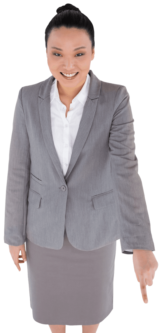 Smiling Asian Businesswoman Pointing Gesture on Transparent Background